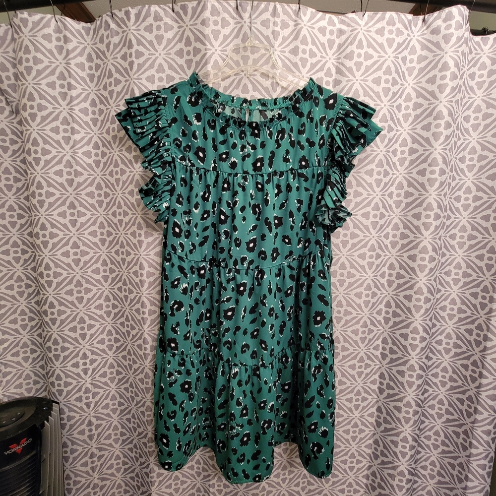 Green Leopard Print Ruffle Dress
